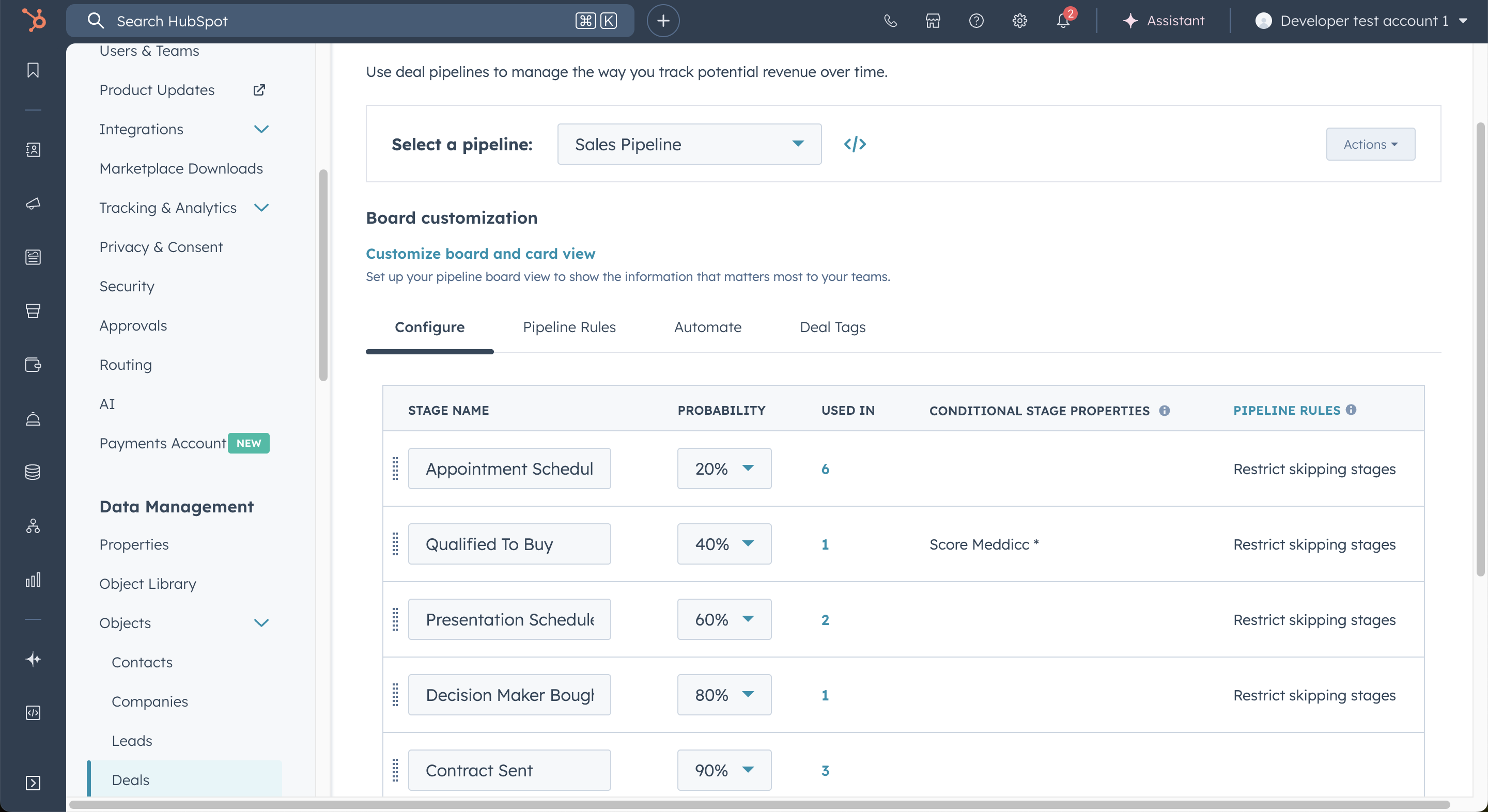 HubSpot pipeline setup showing stages list