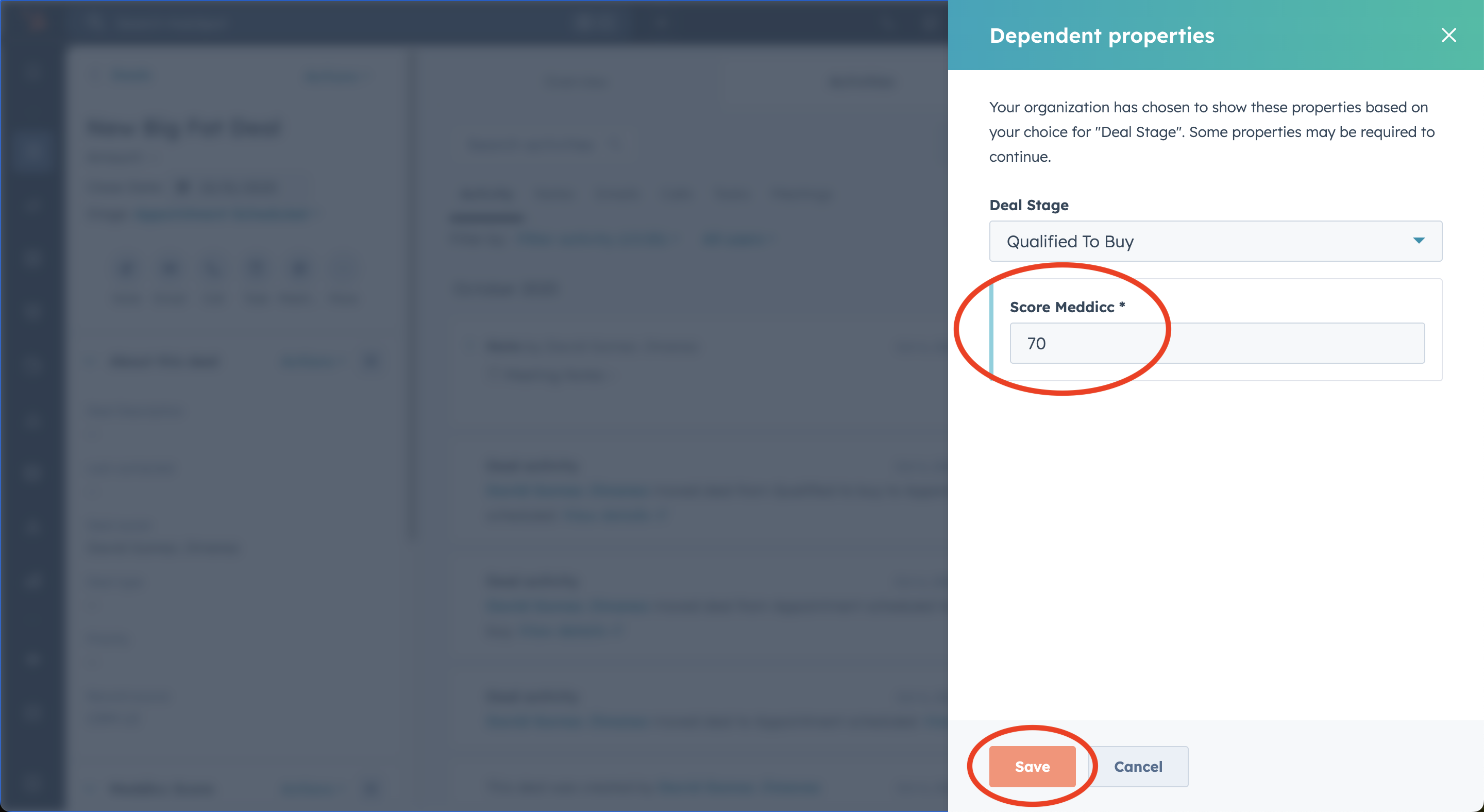 Deal record view showing Meddicc Score filled and Qualified stage