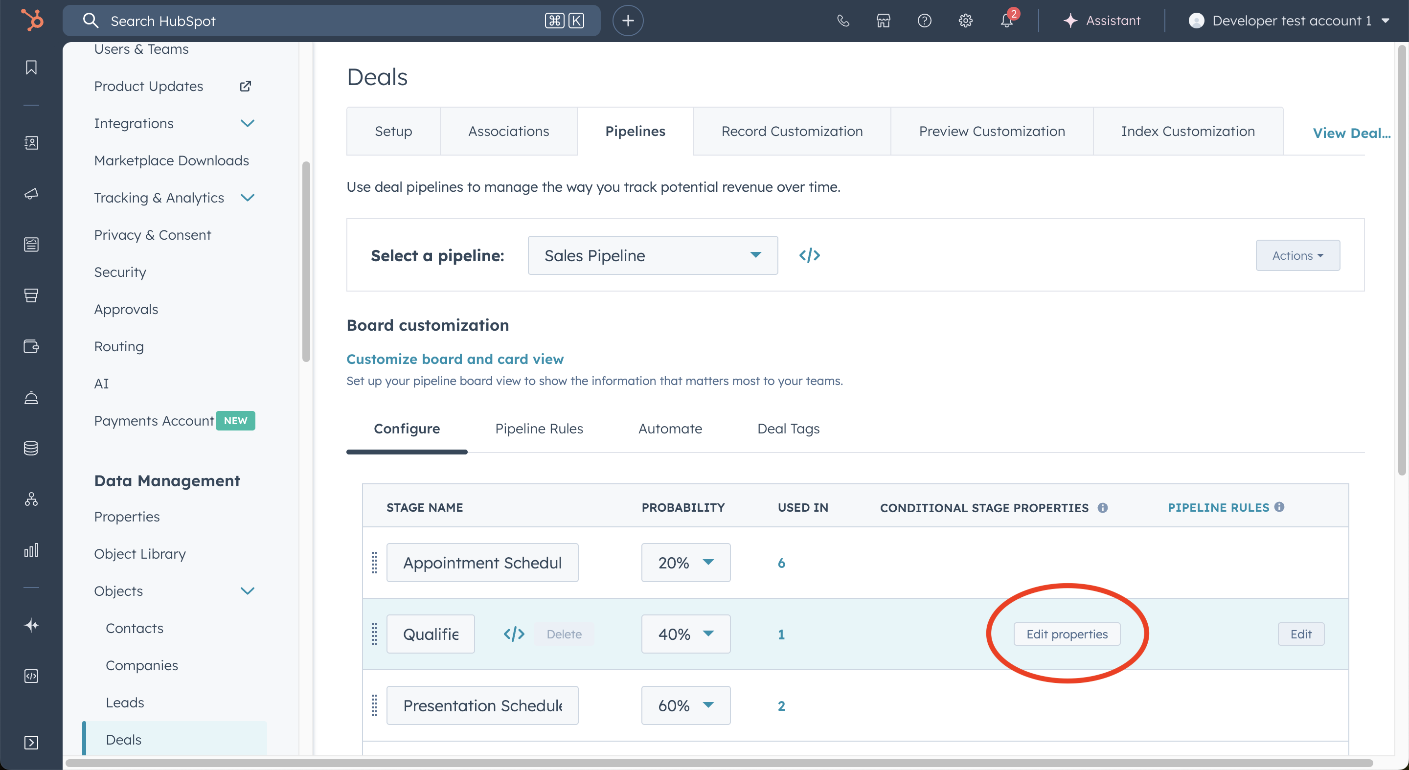 HubSpot “Edit properties” button highlighted