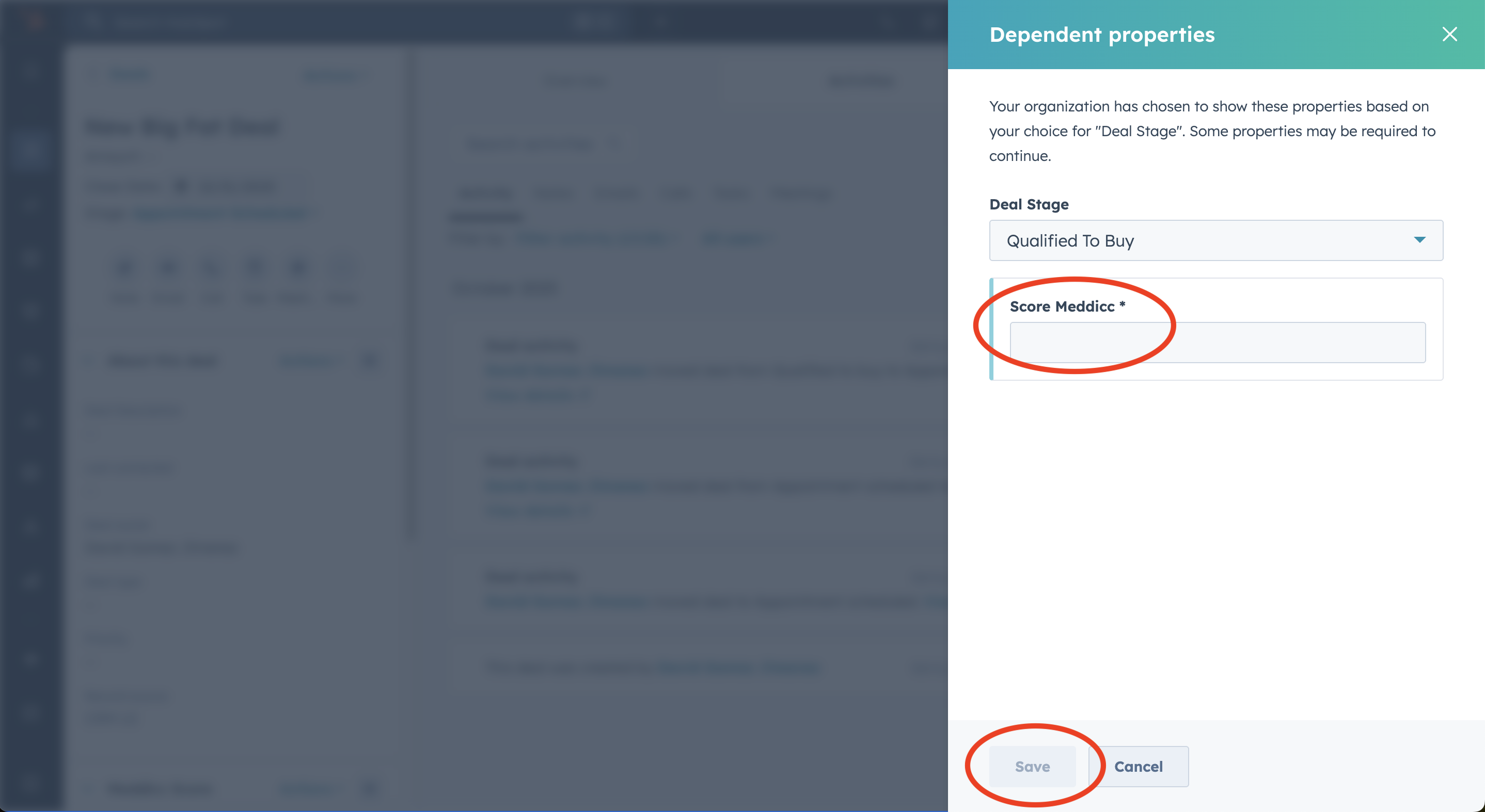 Popup showing Score Meddicc required before saving