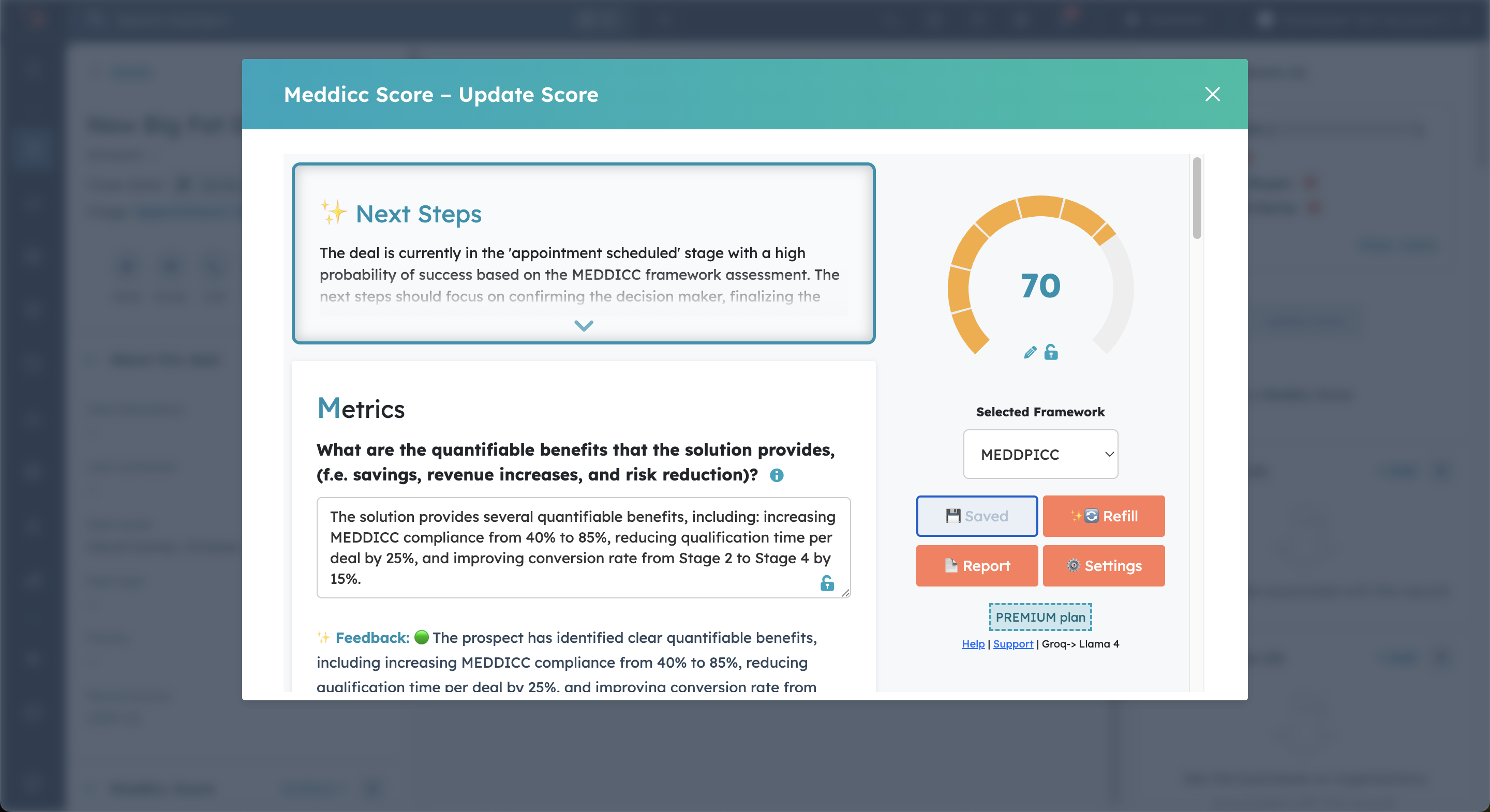 Meddicc Score modal showing score 70/100 and metrics