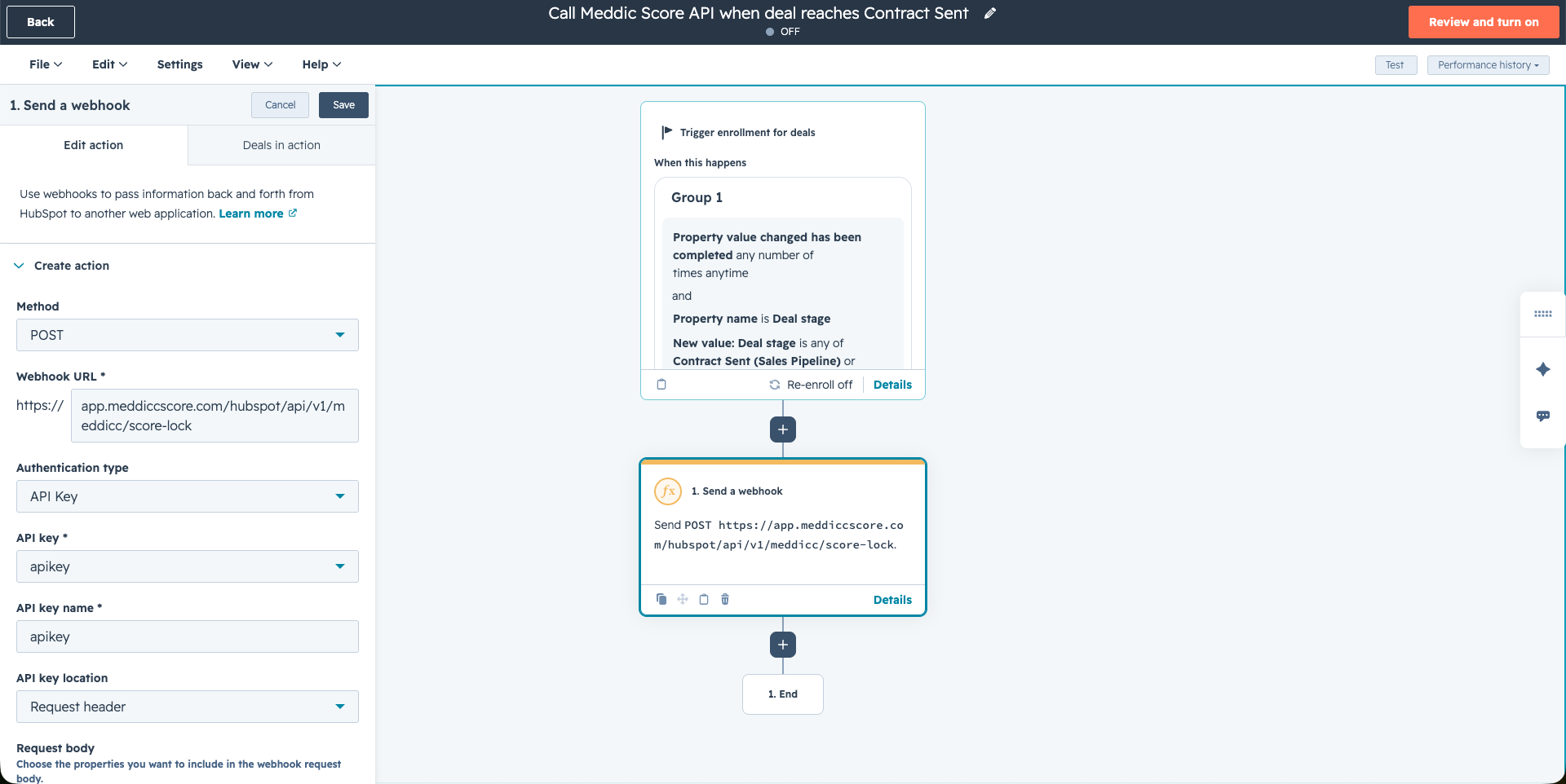 HubSpot workflow configured to call Meddicc Score API on Contract Sent