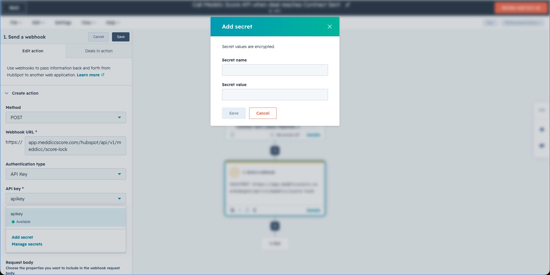 HubSpot add secret modal for storing the Meddicc Score API key