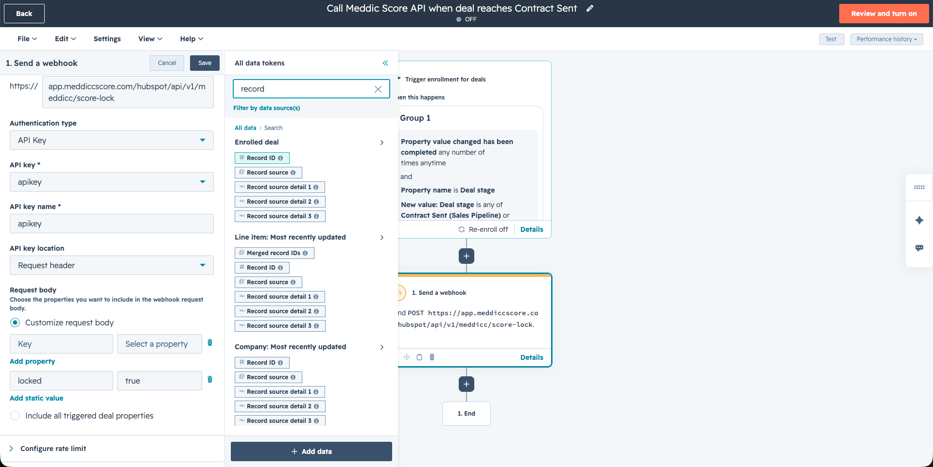 HubSpot webhook body mapping using Record ID and locked=true