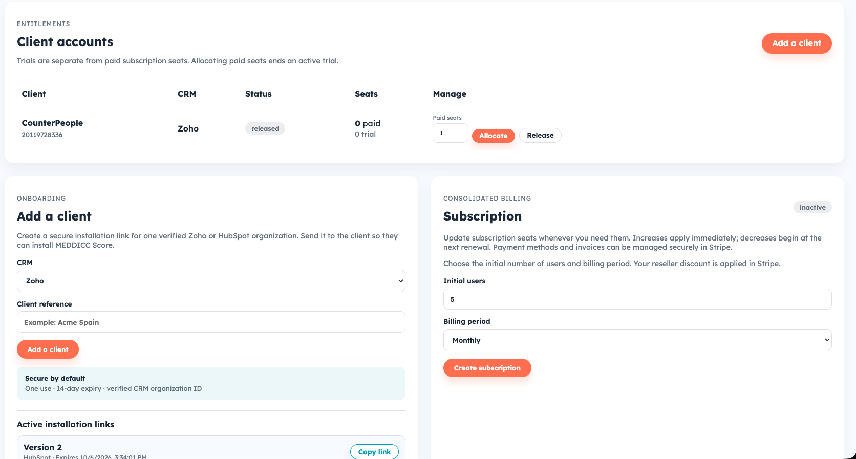 Reseller portal controls for client accounts, CRM installation links, seat allocation, and consolidated billing