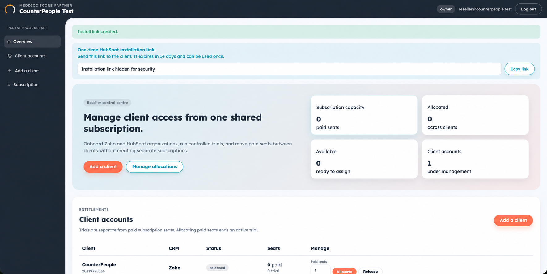 Meddicc Score reseller portal overview with a secure installation link and shared subscription capacity